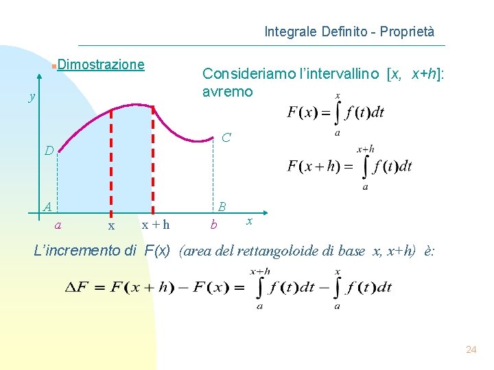 Integrale Definito - Proprietà n Dimostrazione y Consideriamo l’intervallino [x, x+h]: avremo C D