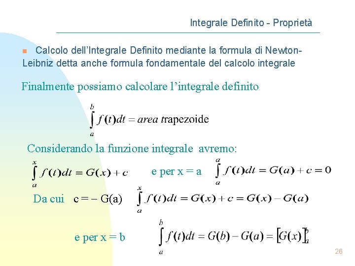 Integrale Definito - Proprietà Calcolo dell’Integrale Definito mediante la formula di Newton. Leibniz detta