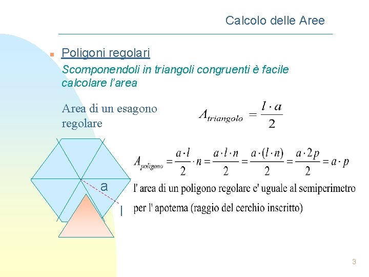 Calcolo delle Aree n Poligoni regolari Scomponendoli in triangoli congruenti è facile calcolare l’area