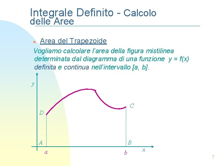 Integrale Definito - Calcolo delle Aree n Area del Trapezoide Vogliamo calcolare l’area della