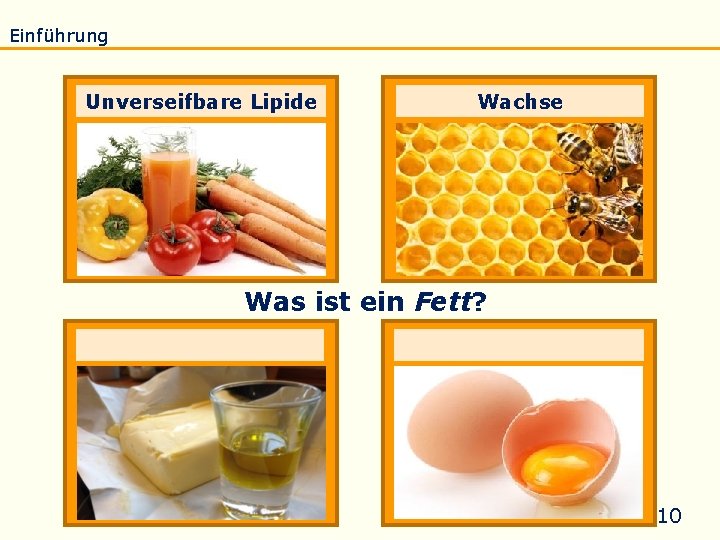 Einführung Eigenschaften Verseifung Raffination Untersuchung Biodiesel Unverseifbare Lipide Wachse Was ist ein Fett? 10