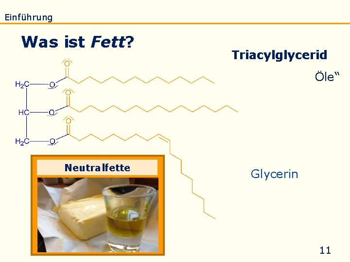 Einführung Eigenschaften Verseifung Raffination Untersuchung Biodiesel Was ist Fett? Triacylglycerid „Fette und fette Öle“