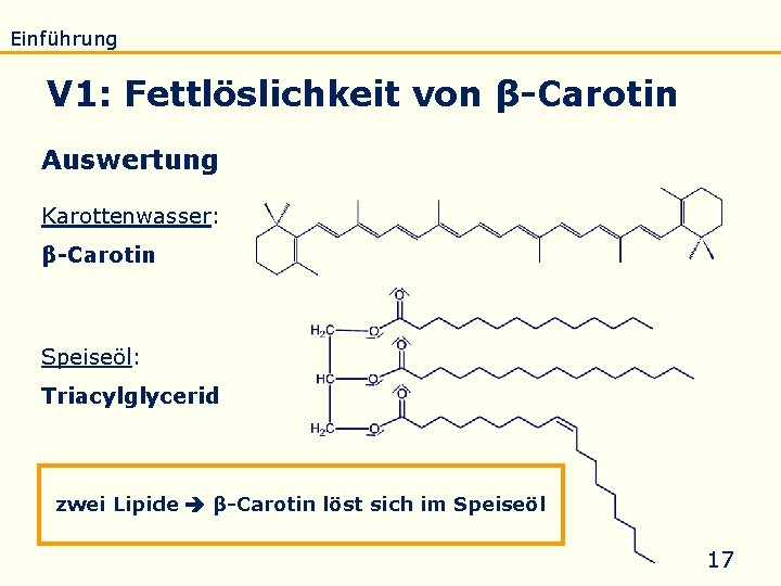 Einführung Eigenschaften Verseifung Raffination Untersuchung Biodiesel V 1: Fettlöslichkeit von β-Carotin Auswertung Karottenwasser: β-Carotin