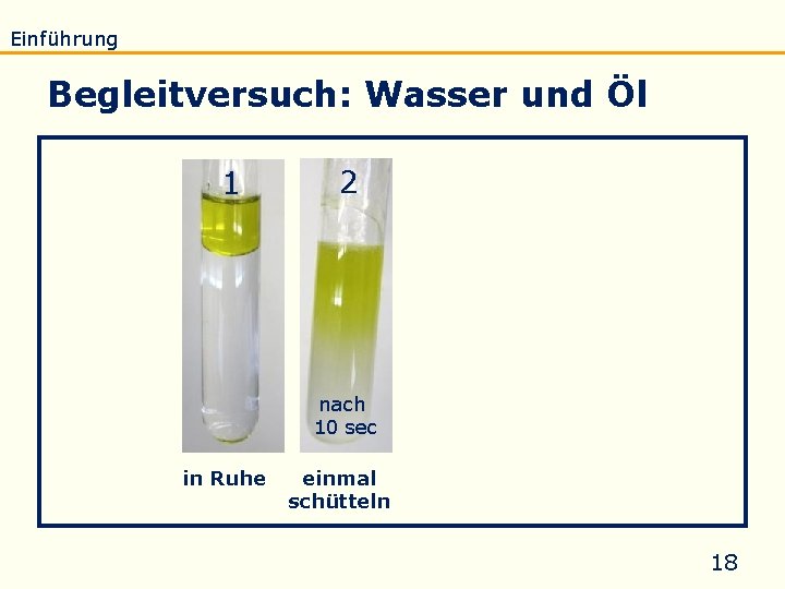 Einführung Eigenschaften Verseifung Raffination Untersuchung Biodiesel Begleitversuch: Wasser und Öl 1 2 nach 10