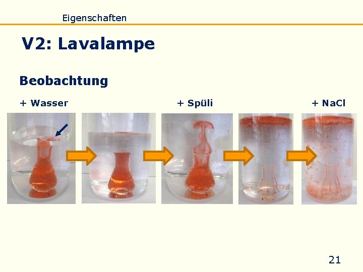 Einführung Eigenschaften Verseifung Raffination Untersuchung Biodiesel V 2: Lavalampe Beobachtung + Wasser + Spüli