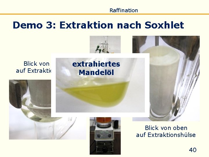 Einführung Eigenschaften Verseifung Raffination Untersuchung Biodiesel Demo 3: Extraktion nach Soxhlet Blick von vorne