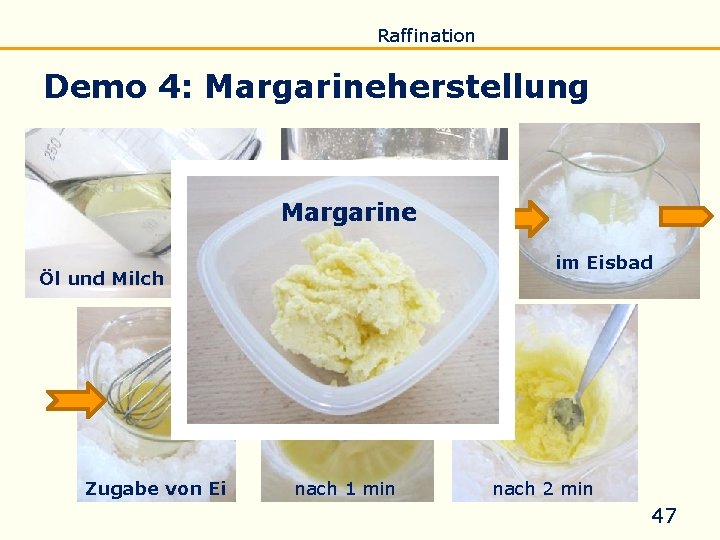 Einführung Eigenschaften Verseifung Raffination Untersuchung Biodiesel Demo 4: Margarineherstellung Öl, Fett und Milch nach