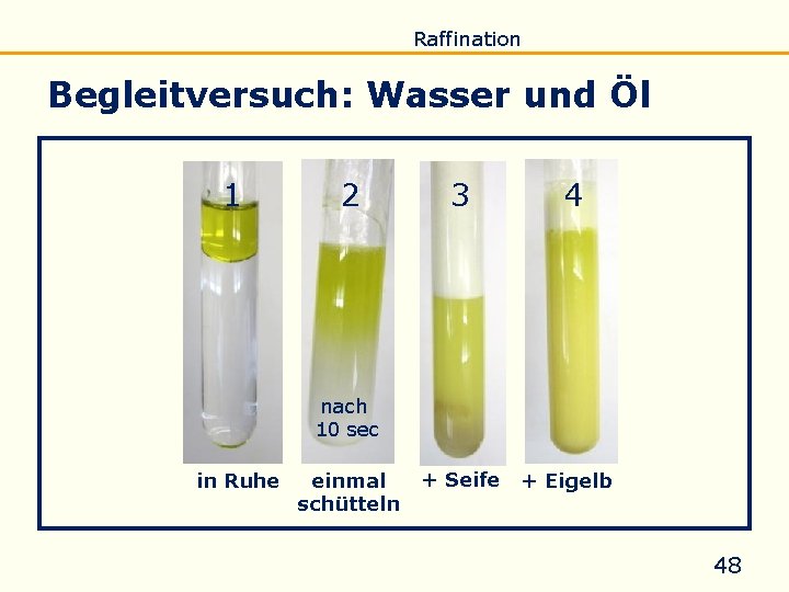 Einführung Eigenschaften Verseifung Raffination Untersuchung Biodiesel Begleitversuch: Wasser und Öl 1 2 3 4