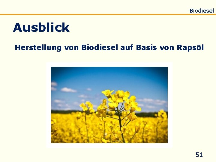 Einführung Eigenschaften Verseifung Raffination Untersuchung Biodiesel Ausblick Herstellung von Biodiesel auf Basis von Rapsöl