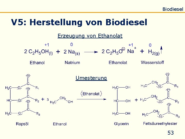Einführung Eigenschaften Verseifung Raffination Untersuchung Biodiesel V 5: Herstellung von Biodiesel Erzeugung von Ethanolat