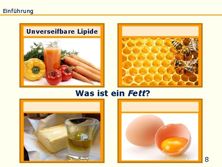 Einführung Eigenschaften Verseifung Raffination Untersuchung Biodiesel Unverseifbare Lipide Was ist ein Fett? 8 