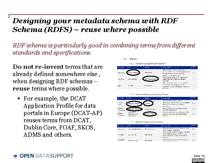 Designing your metadata schema with RDF Schema (RDFS) – reuse where possible RDF schema