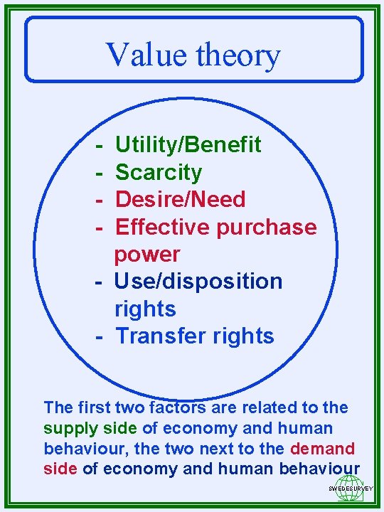 Value theory - Utility/Benefit Scarcity Desire/Need Effective purchase power - Use/disposition rights - Transfer