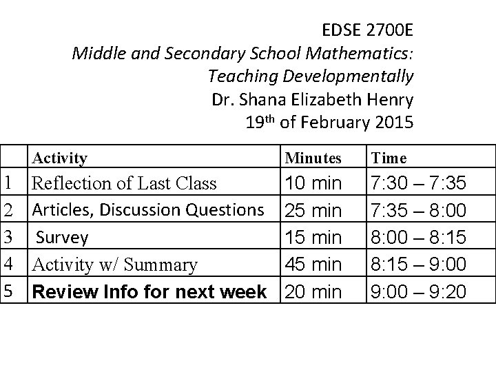 EDSE 2700 E Middle and Secondary School Mathematics: Teaching Developmentally Dr. Shana Elizabeth Henry EDSE 2700 E Middle and Secondary School Mathematics: Teaching Developmentally Dr. Shana Elizabeth Henry