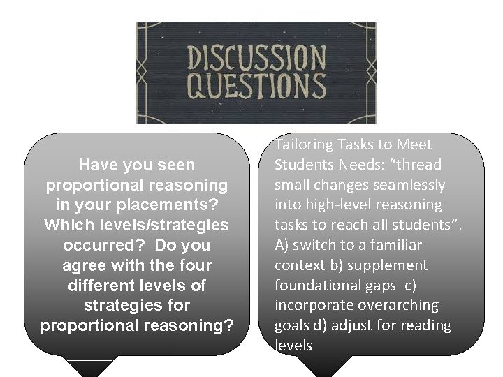 Have you seen proportional reasoning in your placements? Which levels/strategies occurred? Do you agree Have you seen proportional reasoning in your placements? Which levels/strategies occurred? Do you agree