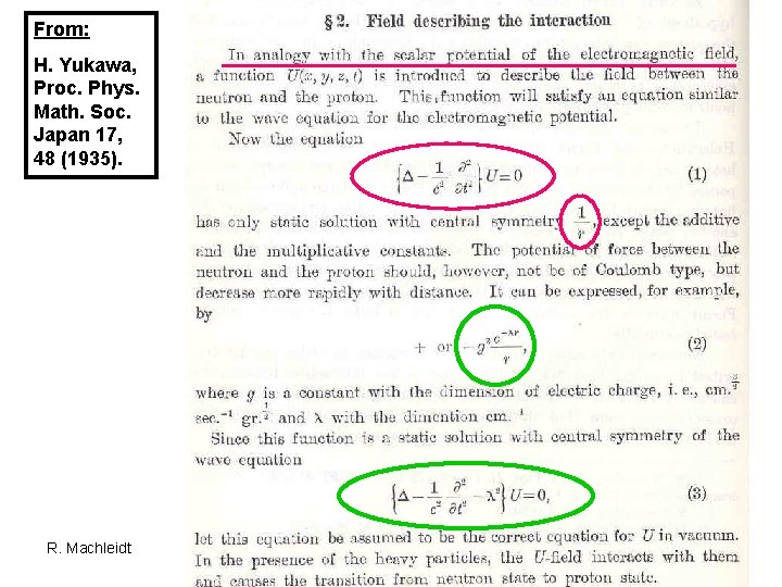 From: H. Yukawa, Proc. Phys. Math. Soc. Japan 17, 48 (1935). R. Machleidt Nuclear