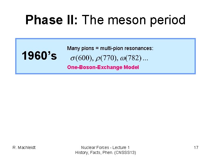 Phase II: The meson period 1960’s Many pions = multi-pion resonances: One-Boson-Exchange Model R.