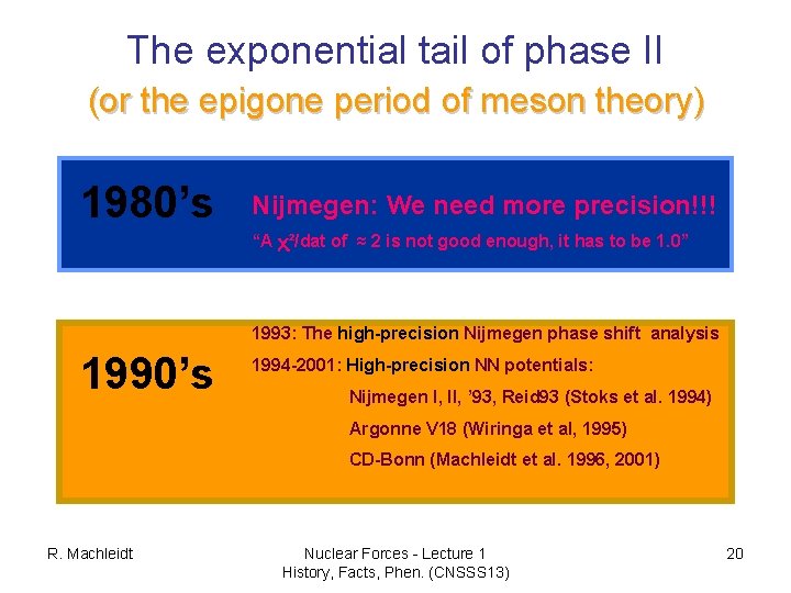 The exponential tail of phase II (or the epigone period of meson theory) 1980’s
