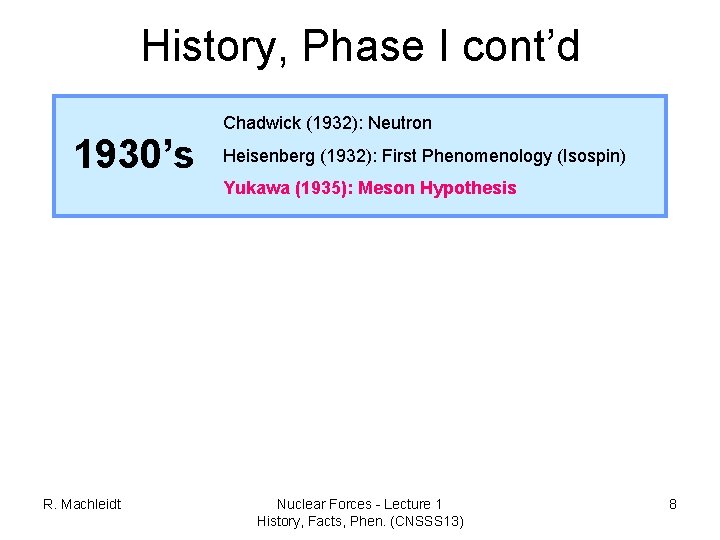 History, Phase I cont’d 1930’s Chadwick (1932): Neutron Heisenberg (1932): First Phenomenology (Isospin) Yukawa