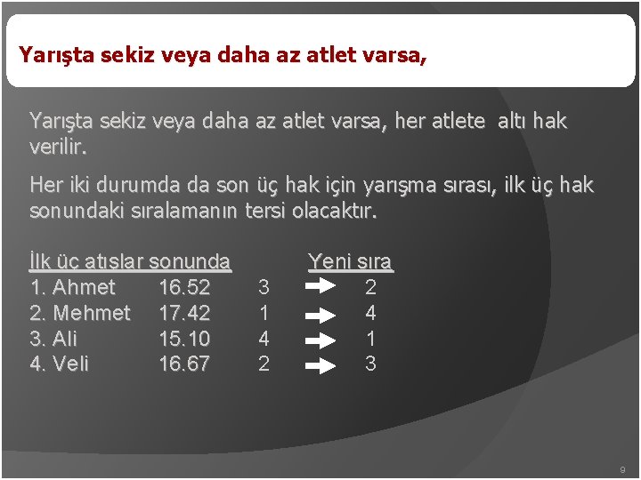 Yarışta sekiz veya daha az atlet varsa, her atlete altı hak verilir. Her iki