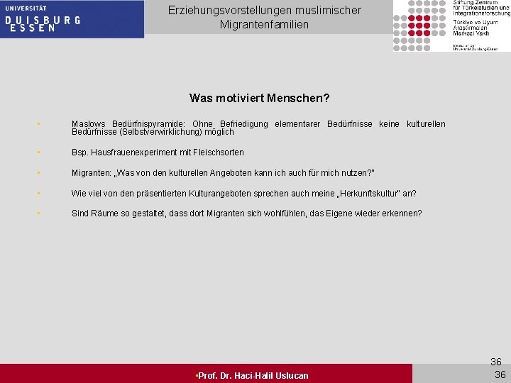 Erziehungsvorstellungen muslimischer Migrantenfamilien Was motiviert Menschen? • Maslows Bedürfnispyramide: Ohne Befriedigung elementarer Bedürfnisse keine