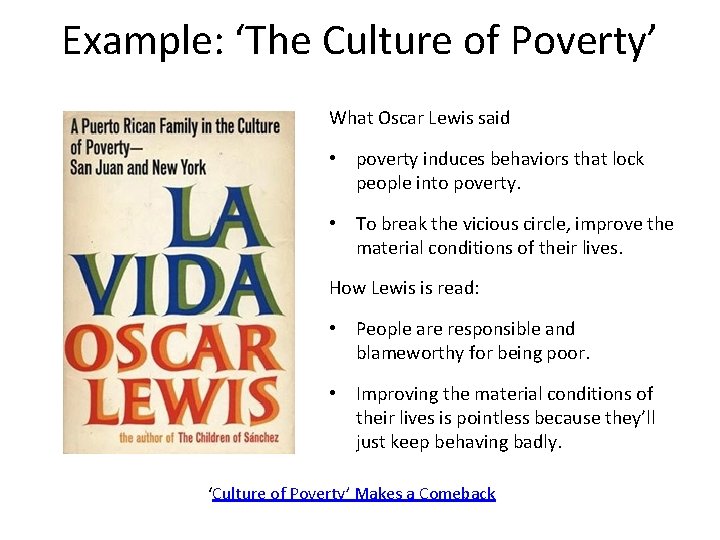 Example: ‘The Culture of Poverty’ What Oscar Lewis said • poverty induces behaviors that