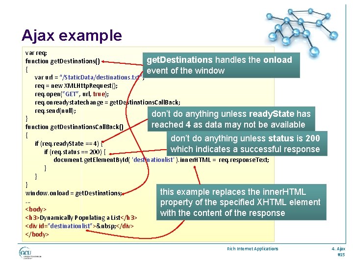 Ajax example var req; get. Destinations handles the onload function get. Destinations() { event