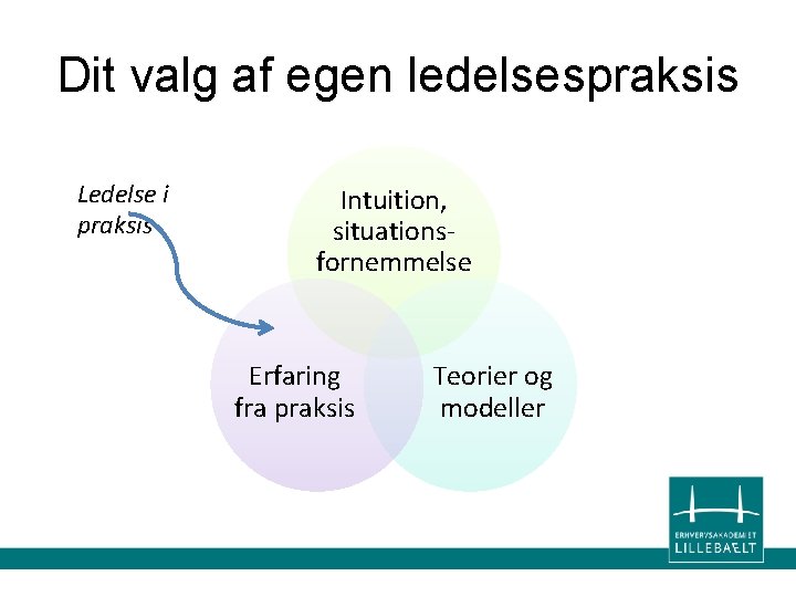 Dit valg af egen ledelsespraksis Ledelse i praksis Intuition, situationsfornemmelse Erfaring fra praksis Teorier