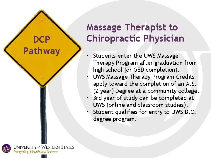DCP Pathway Massage Therapist to Chiropractic Physician • Students enter the UWS Massage Therapy