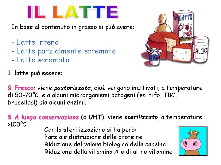 In base al contenuto in grasso si può avere: - Latte intero - Latte