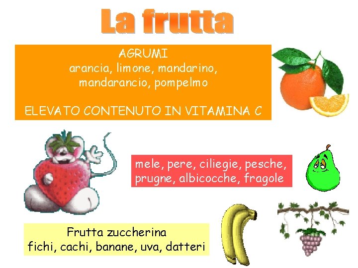 AGRUMI arancia, limone, mandarino, mandarancio, pompelmo ELEVATO CONTENUTO IN VITAMINA C mele, pere, ciliegie,