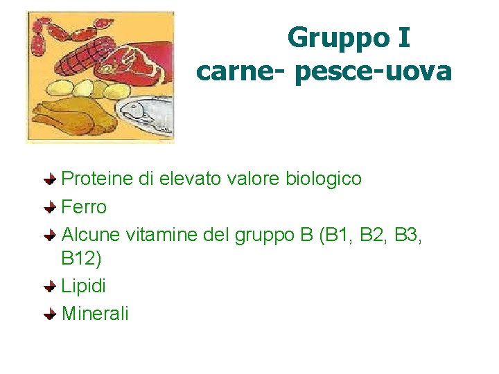 Gruppo I carne- pesce-uova Proteine di elevato valore biologico Ferro Alcune vitamine del gruppo