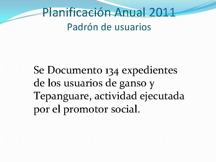 Planificación Anual 2011 Padrón de usuarios Se Documento 134 expedientes de los usuarios de