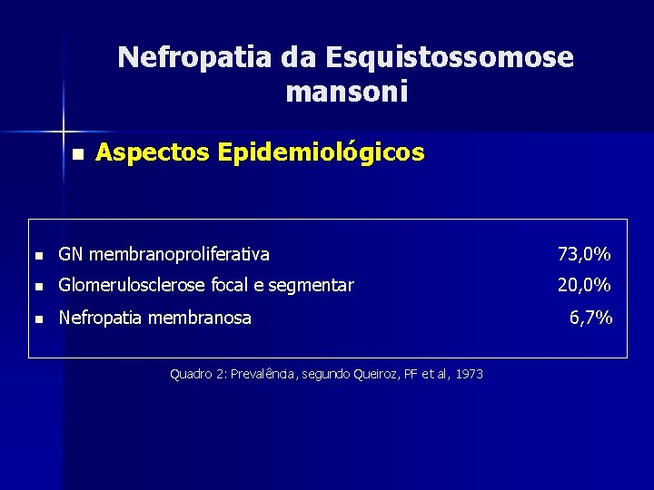 Nefropatia da Esquistossomose mansoni n Aspectos Epidemiológicos n GN membranoproliferativa 73, 0% n Glomerulosclerose Nefropatia da Esquistossomose mansoni n Aspectos Epidemiológicos n GN membranoproliferativa 73, 0% n Glomerulosclerose