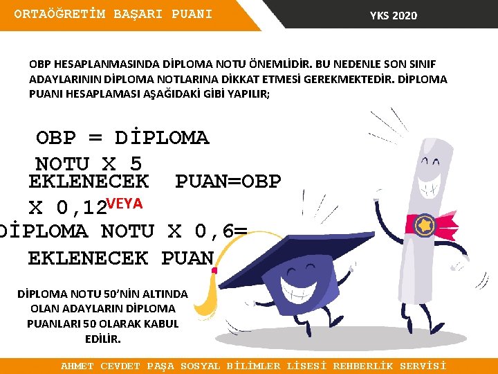 ORTAÖĞRETİM BAŞARI PUANI YKS 2020 OBP HESAPLANMASINDA DİPLOMA NOTU ÖNEMLİDİR. BU NEDENLE SON SINIF