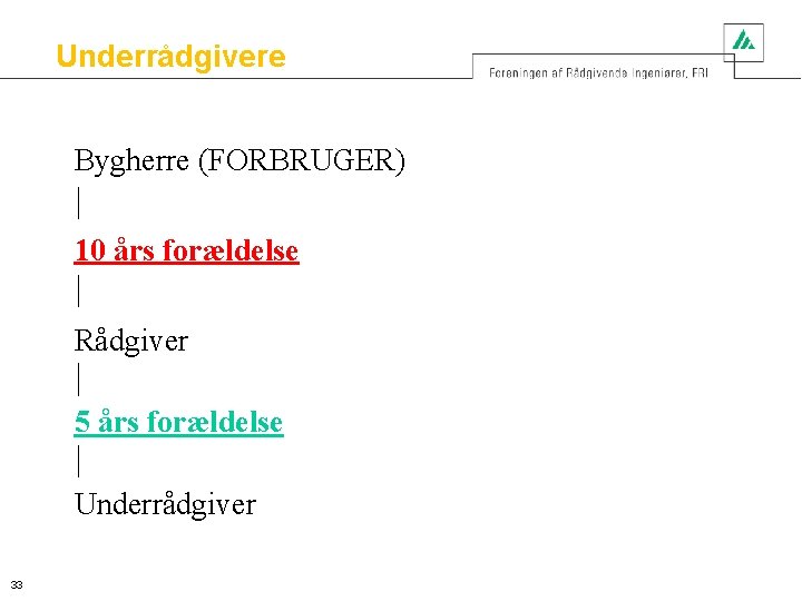 Underrådgivere Bygherre (FORBRUGER) 10 års forældelse Rådgiver 5 års forældelse Underrådgiver 33 