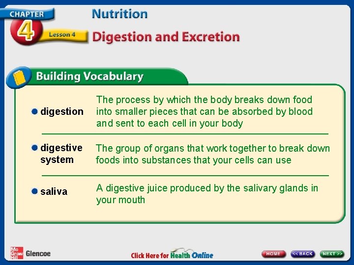 digestion The process by which the body breaks down food into smaller pieces that