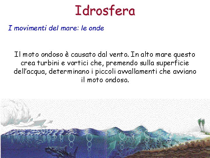 Idrosfera I movimenti del mare: le onde Il moto ondoso è causato dal vento.