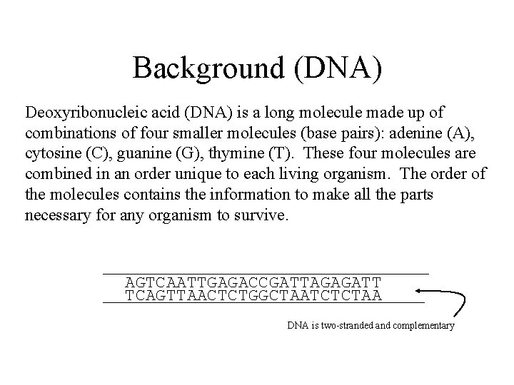 Background (DNA) Deoxyribonucleic acid (DNA) is a long molecule made up of combinations of