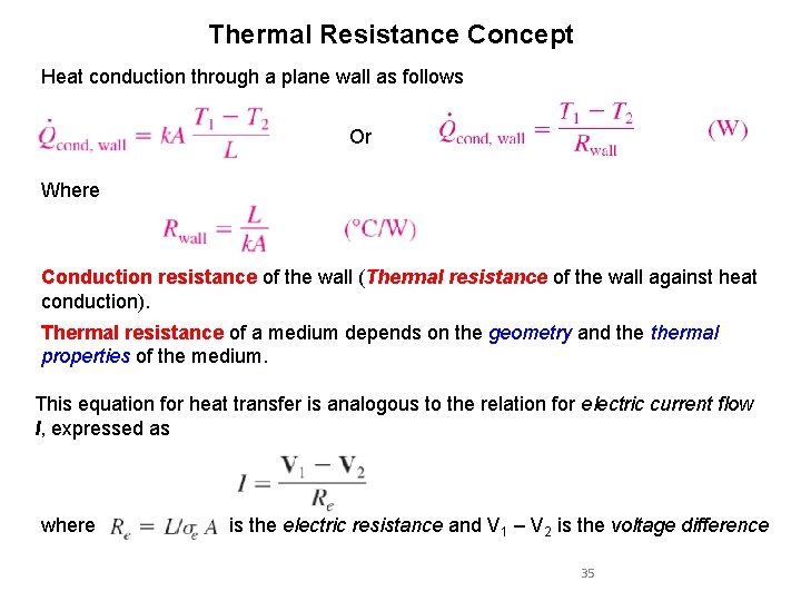 Thermal Resistance Concept Heat conduction through a plane wall as follows Or Where Conduction