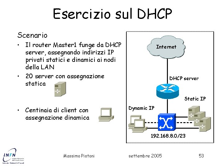 Esercizio sul DHCP Scenario • Il router Master 1 funge da DHCP server, assegnando