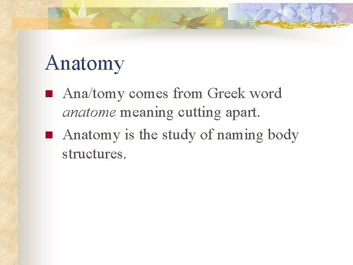 Anatomy n n Ana/tomy comes from Greek word anatome meaning cutting apart. Anatomy is