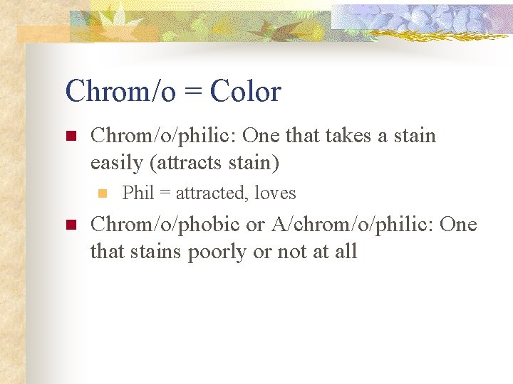 Chrom/o = Color n Chrom/o/philic: One that takes a stain easily (attracts stain) n