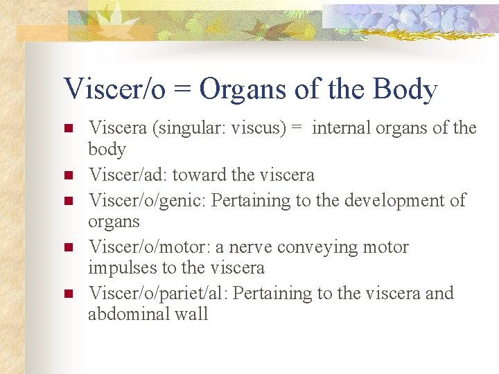Viscer/o = Organs of the Body n n n Viscera (singular: viscus) = internal Viscer/o = Organs of the Body n n n Viscera (singular: viscus) = internal