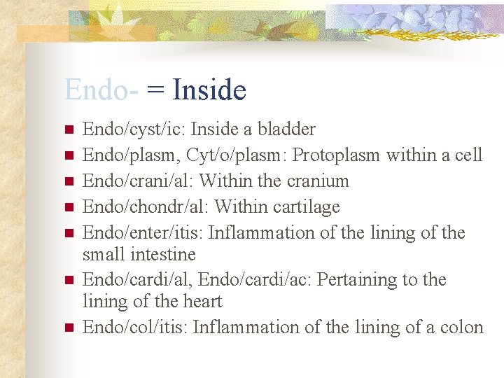 Endo- = Inside n n n n Endo/cyst/ic: Inside a bladder Endo/plasm, Cyt/o/plasm: Protoplasm