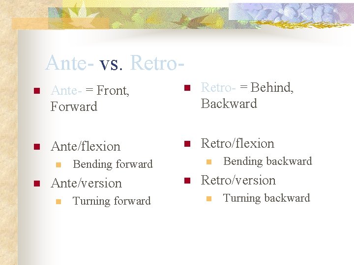 Ante- vs. Retron Ante- = Front, Forward n Retro- = Behind, Backward n Ante/flexion