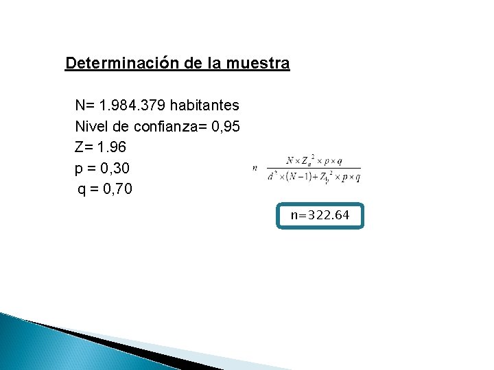 Determinación de la muestra N= 1. 984. 379 habitantes Nivel de confianza= 0, 95