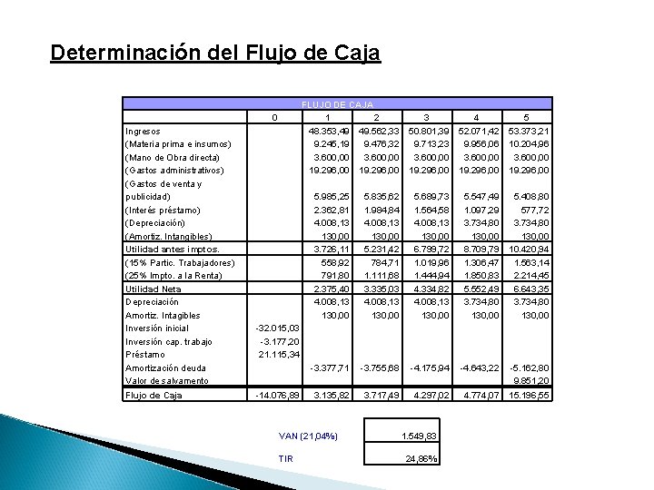 Determinación del Flujo de Caja Ingresos (Materia prima e insumos) (Mano de Obra directa)
