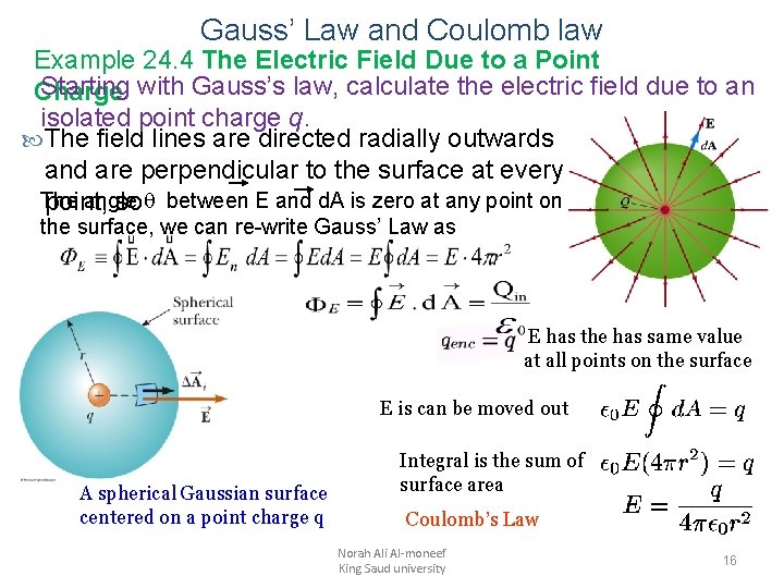 Gauss’ Law and Coulomb law Example 24. 4 The Electric Field Due to a