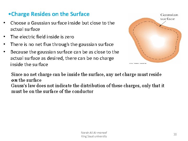  • Charge Resides on the Surface • Choose a Gaussian surface inside but